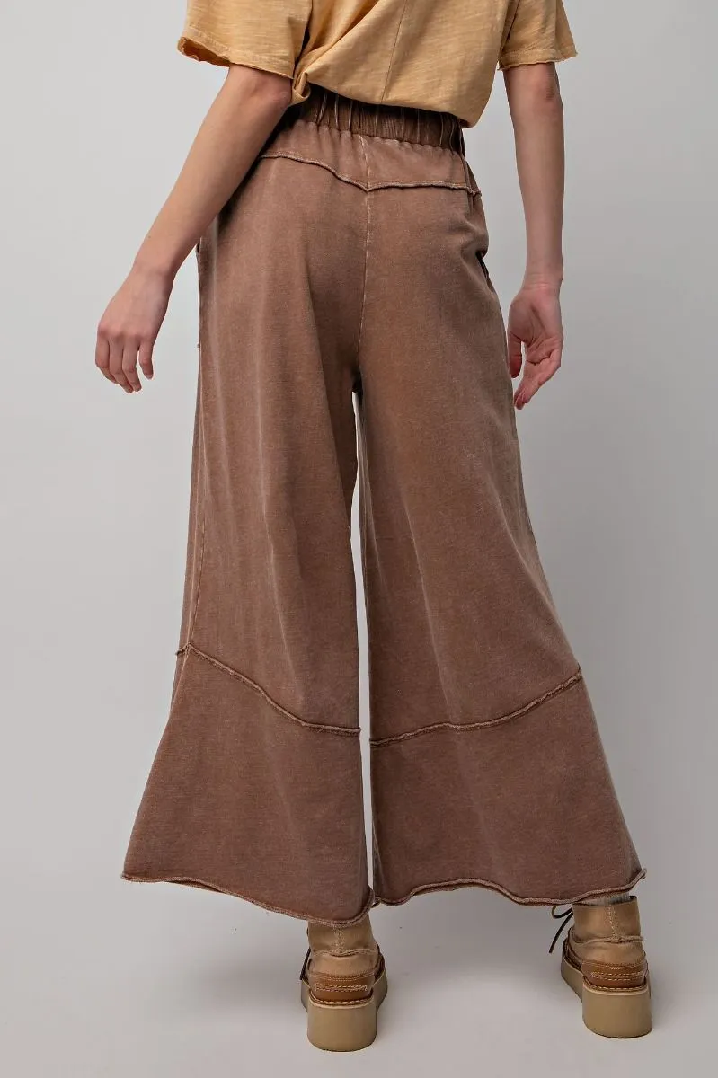 Chocolate Mineral Washed Terry Knit Wide Leg Pants