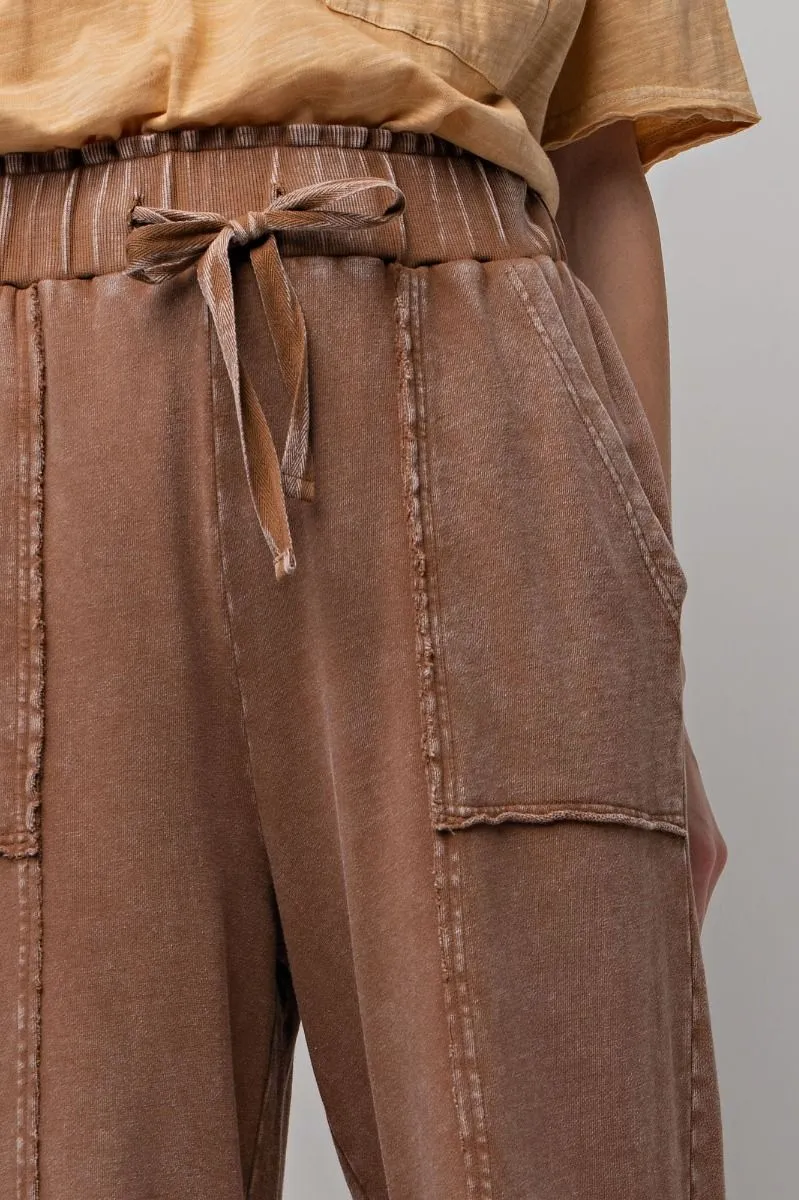 Chocolate Mineral Washed Terry Knit Wide Leg Pants