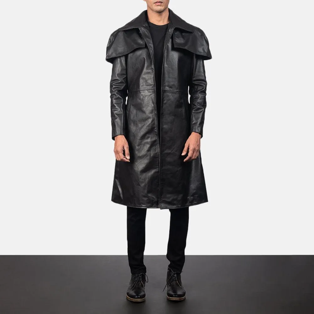 Classic Black Cowhide Leather Duster Coat For Men