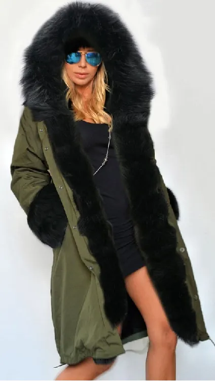 Clearance Zipper Hooded Faux Fur Cuff Long Cotton Coat