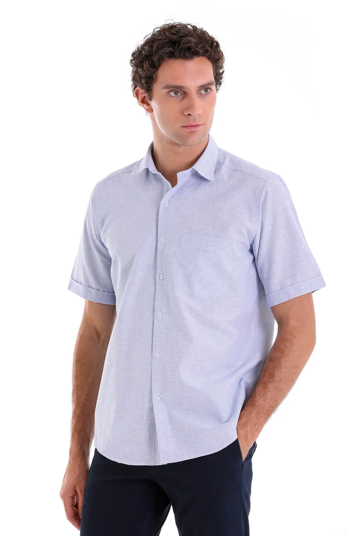 Comfort Fit Pin Check Cotton Blend Navy Dress Shirt