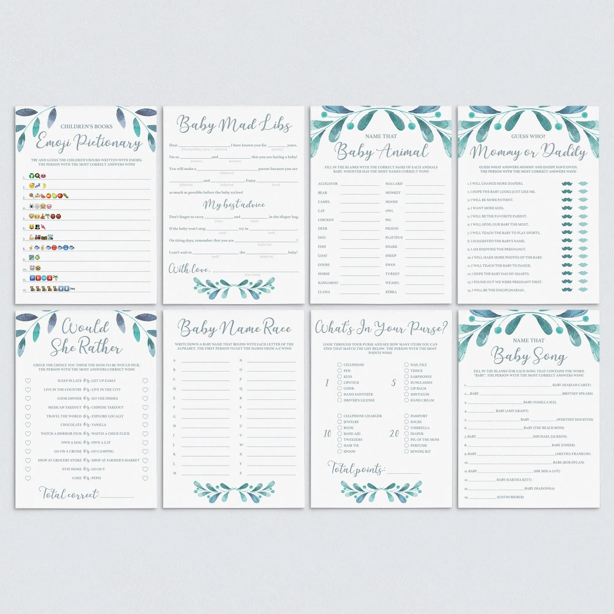 Complete Baby Shower Games Pack Winter Themed Printables