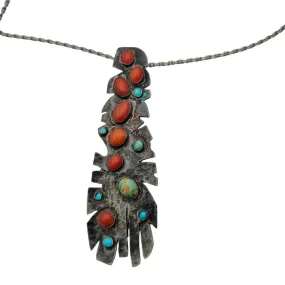 Coral and turquoise pendant in silver with chain, vintage boho handmade jewelry.