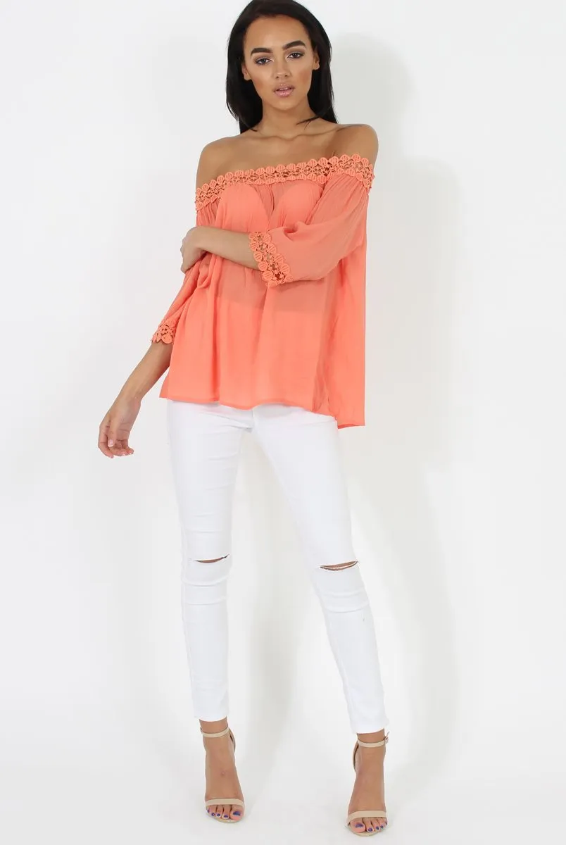 Coral Bardot Crochet Top - Aliza