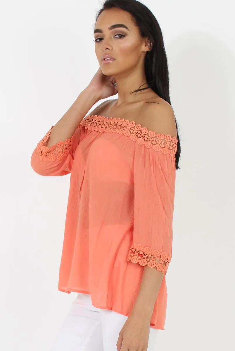 Coral Bardot Crochet Top - Aliza