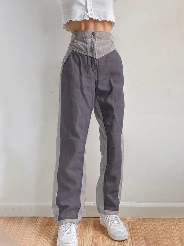 Corduroy Patchwork High Waist Straight Pants