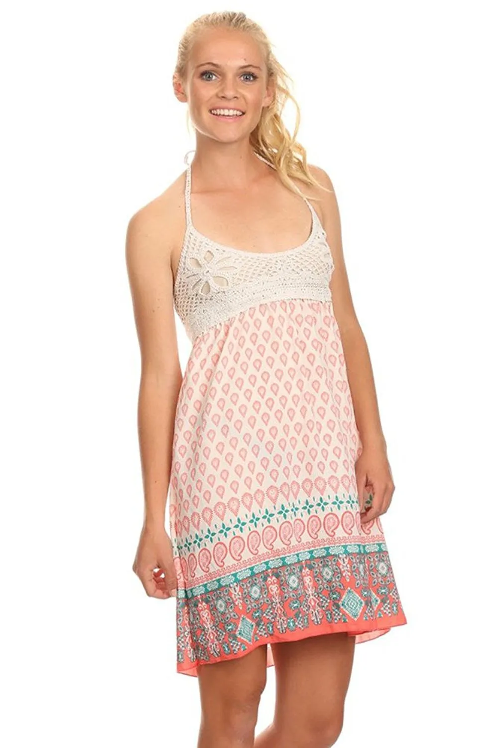 Crochet Lace Paisley Printed Boho Sleeveless Short Dress