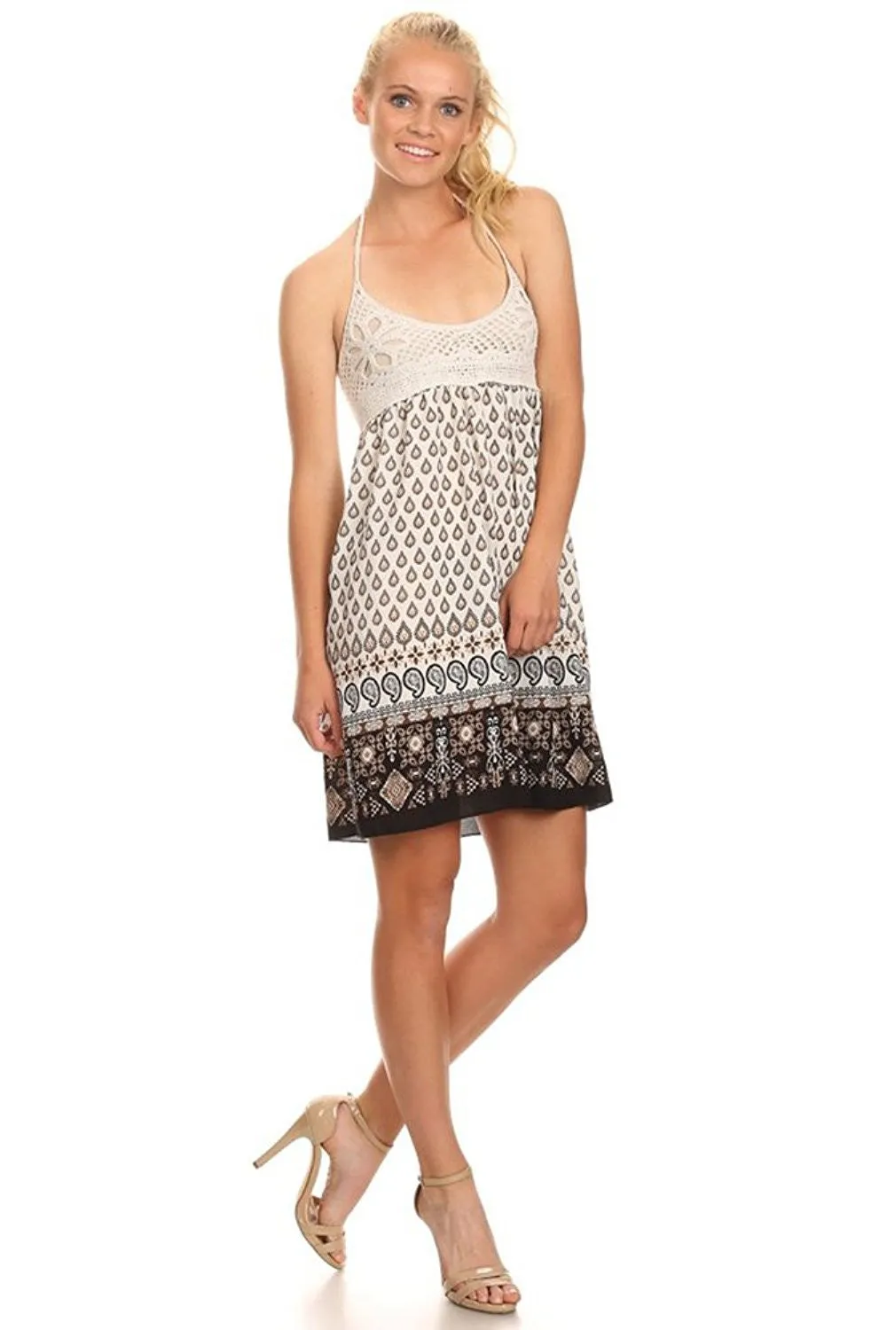 Crochet Lace Paisley Printed Boho Sleeveless Short Dress