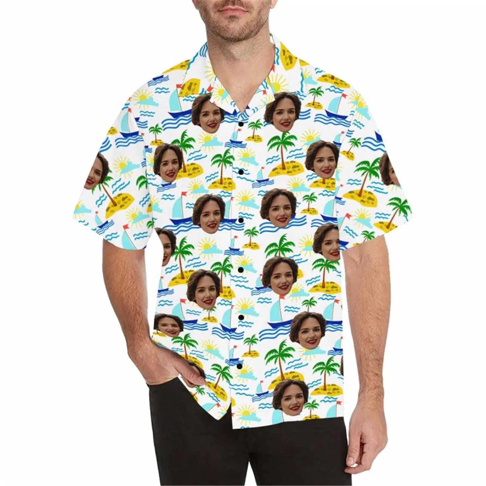 Custom Face Fabric Hawaii Button up Shirt with Magical Seascape for Men Honolulu Beach Vintage Shirt