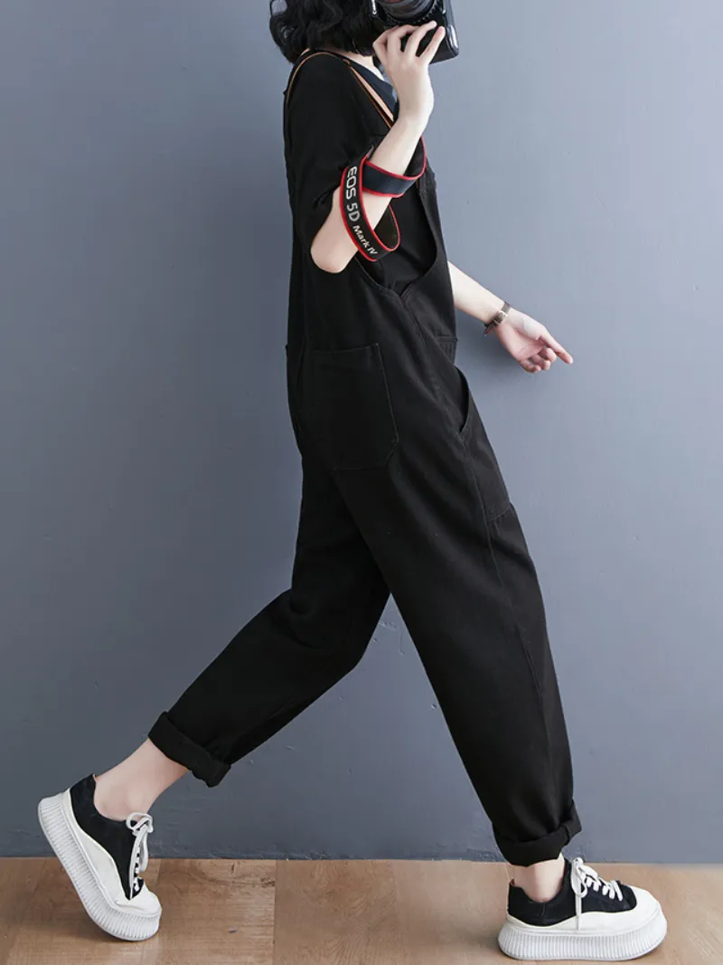 Denim Loose Shoulder Strap Large Size Black Overalls