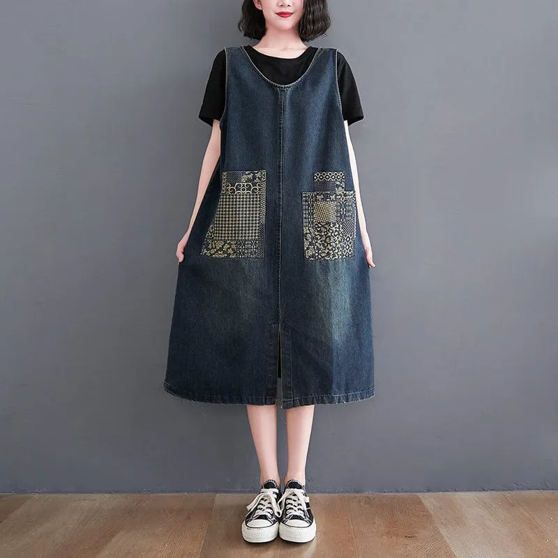 Denim Patchwork Midi Overall Dress