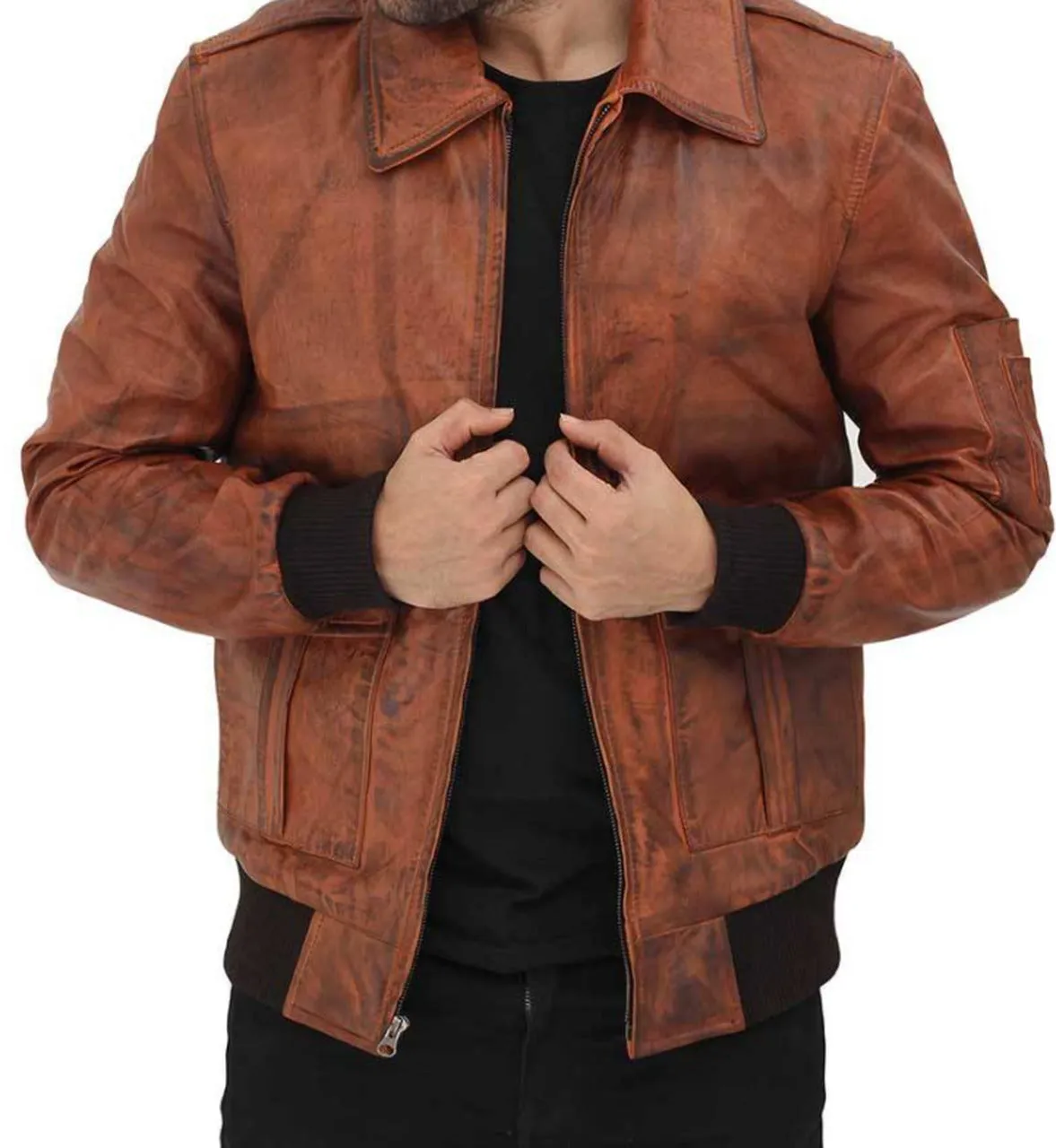 Distressed Bomber Genuine Leather Jacket Men