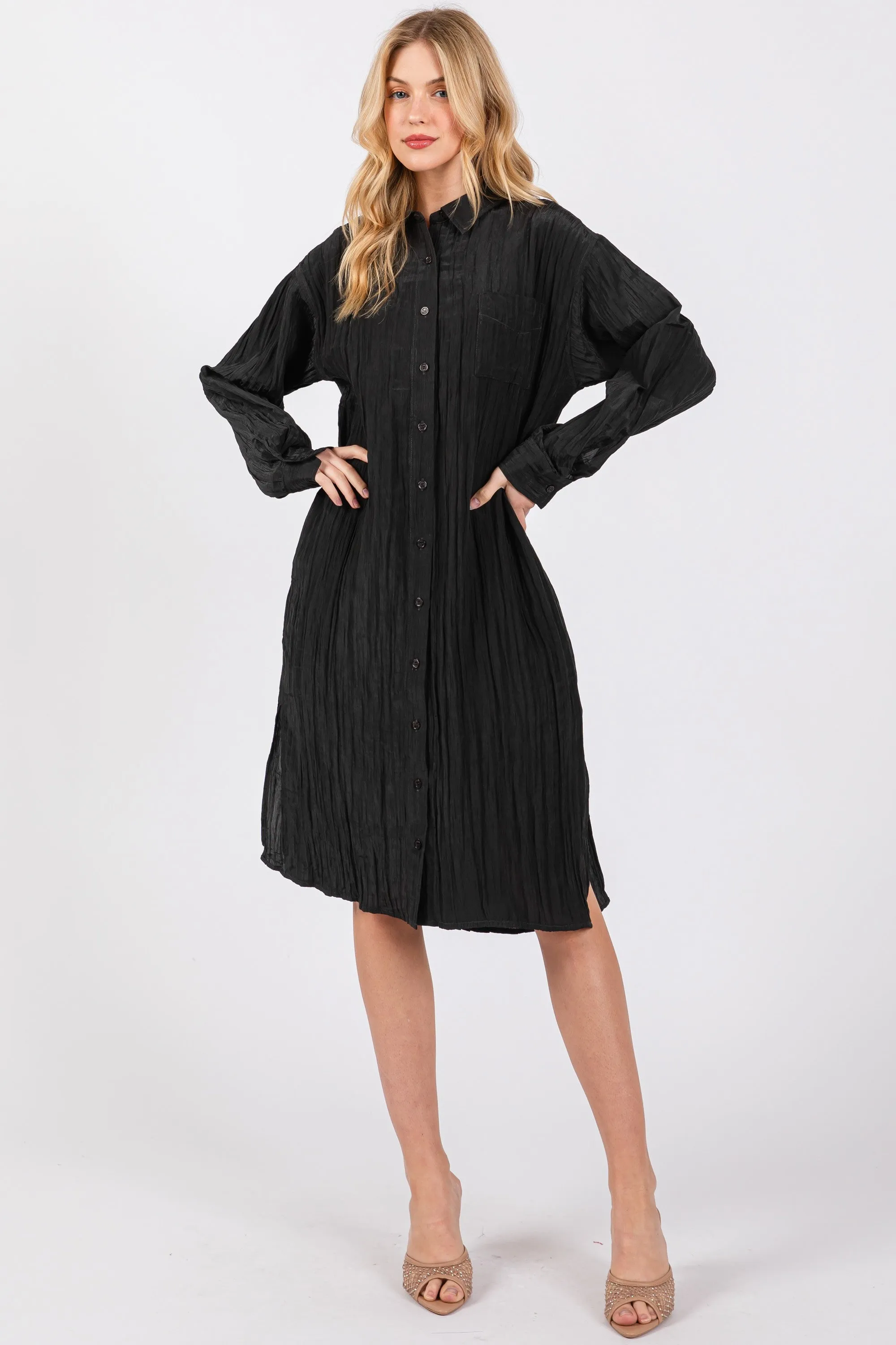 EASY CRINKLE SILKY SHIRT DRESS