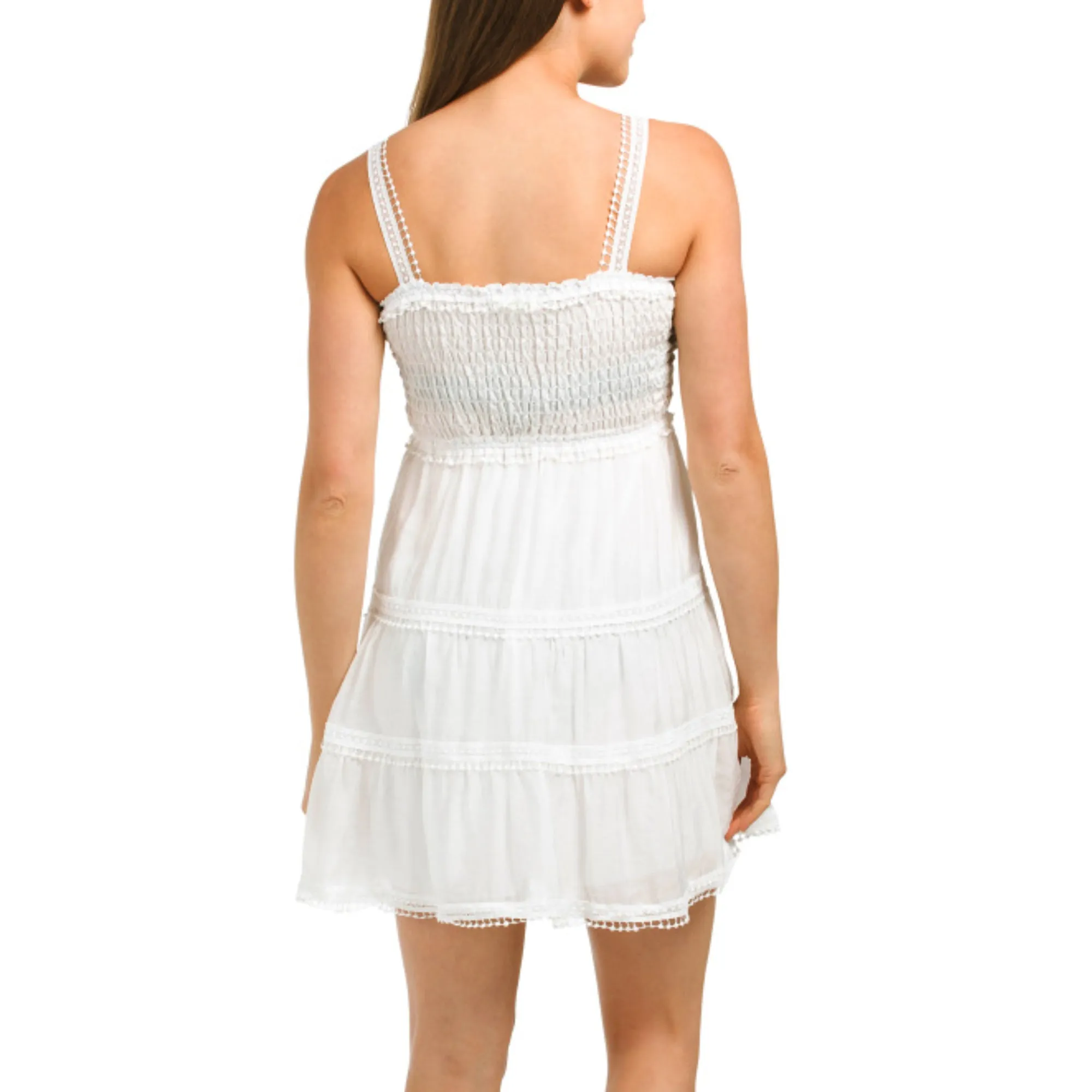 ELAN Women's Crochet Trim Smocked Top Tiered Cover-up Mini Dress