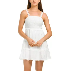 ELAN Women's Crochet Trim Smocked Top Tiered Cover-up Mini Dress