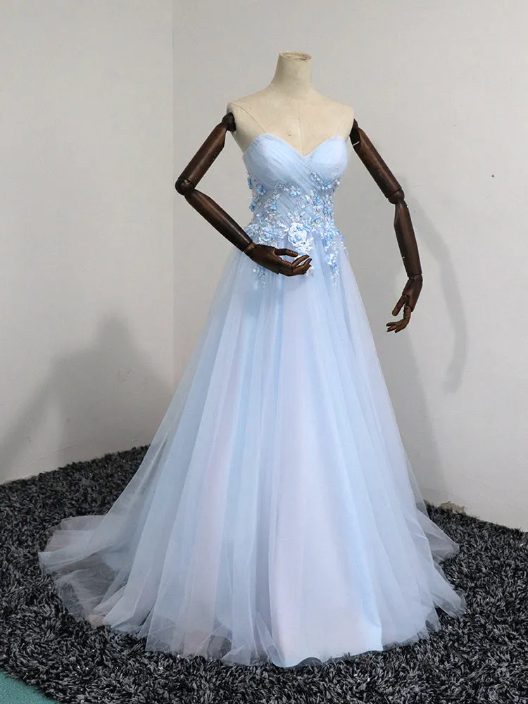 Elegant Blue Tulle Sweetheart Party Dress Formal Dress, Blue Lace Applique Prom Dress 2022