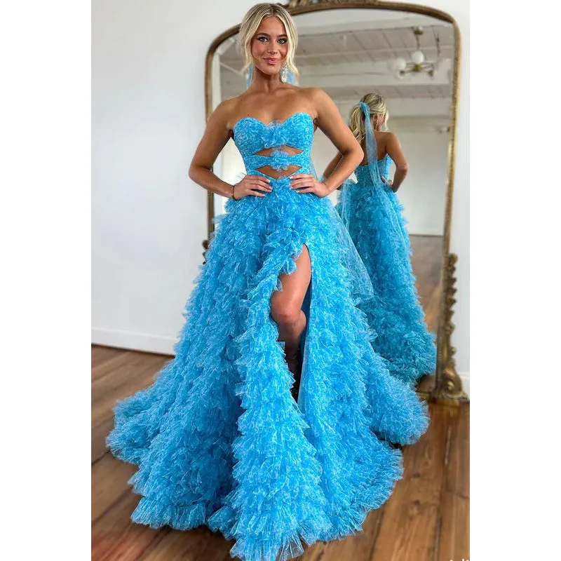 Elegant Sweetheart Ruffles Blue Long Formal Prom Dress with Slit