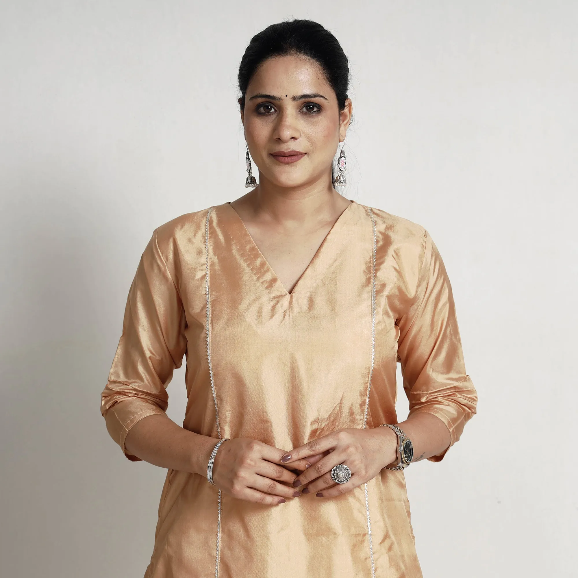 Ethnic Beige - Plain Pure Silk Straight Kurta