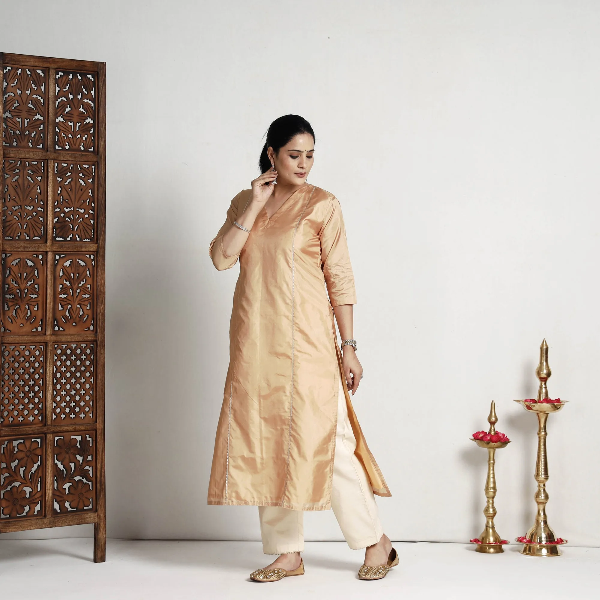 Ethnic Beige - Plain Pure Silk Straight Kurta