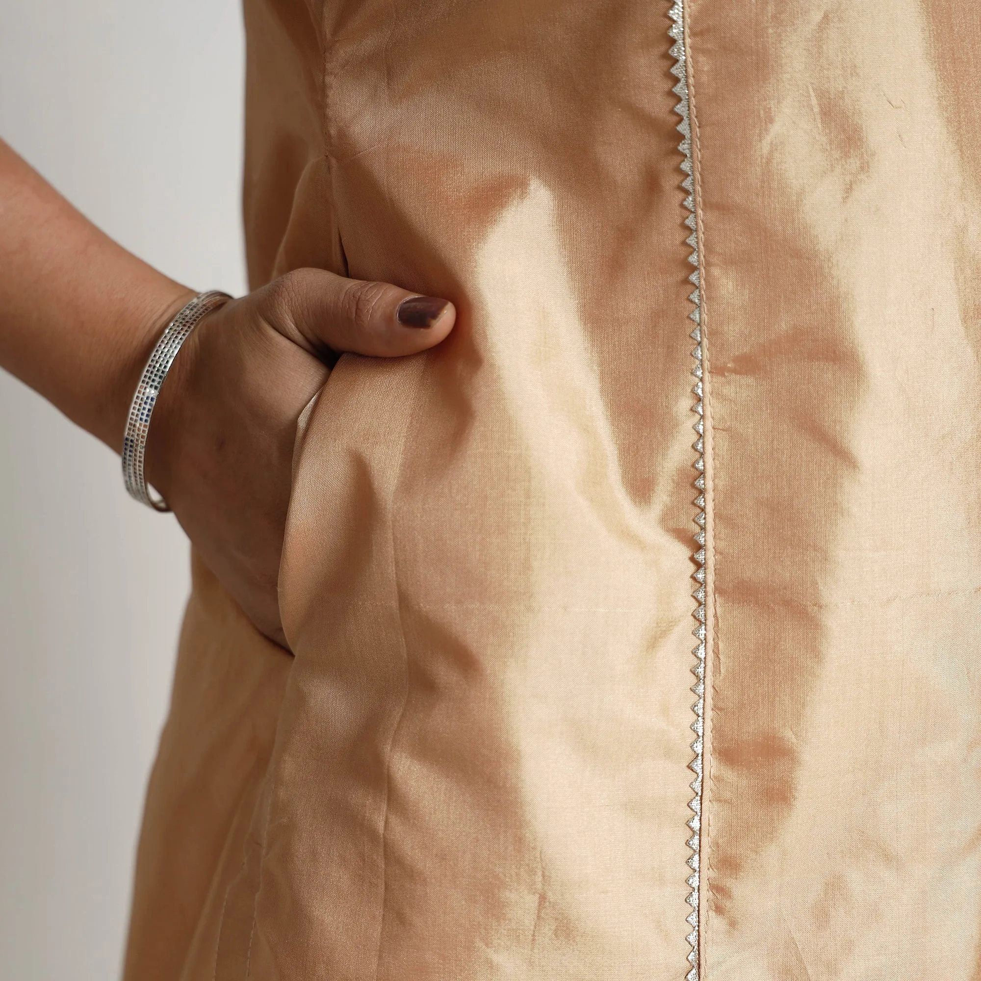 Ethnic Beige - Plain Pure Silk Straight Kurta