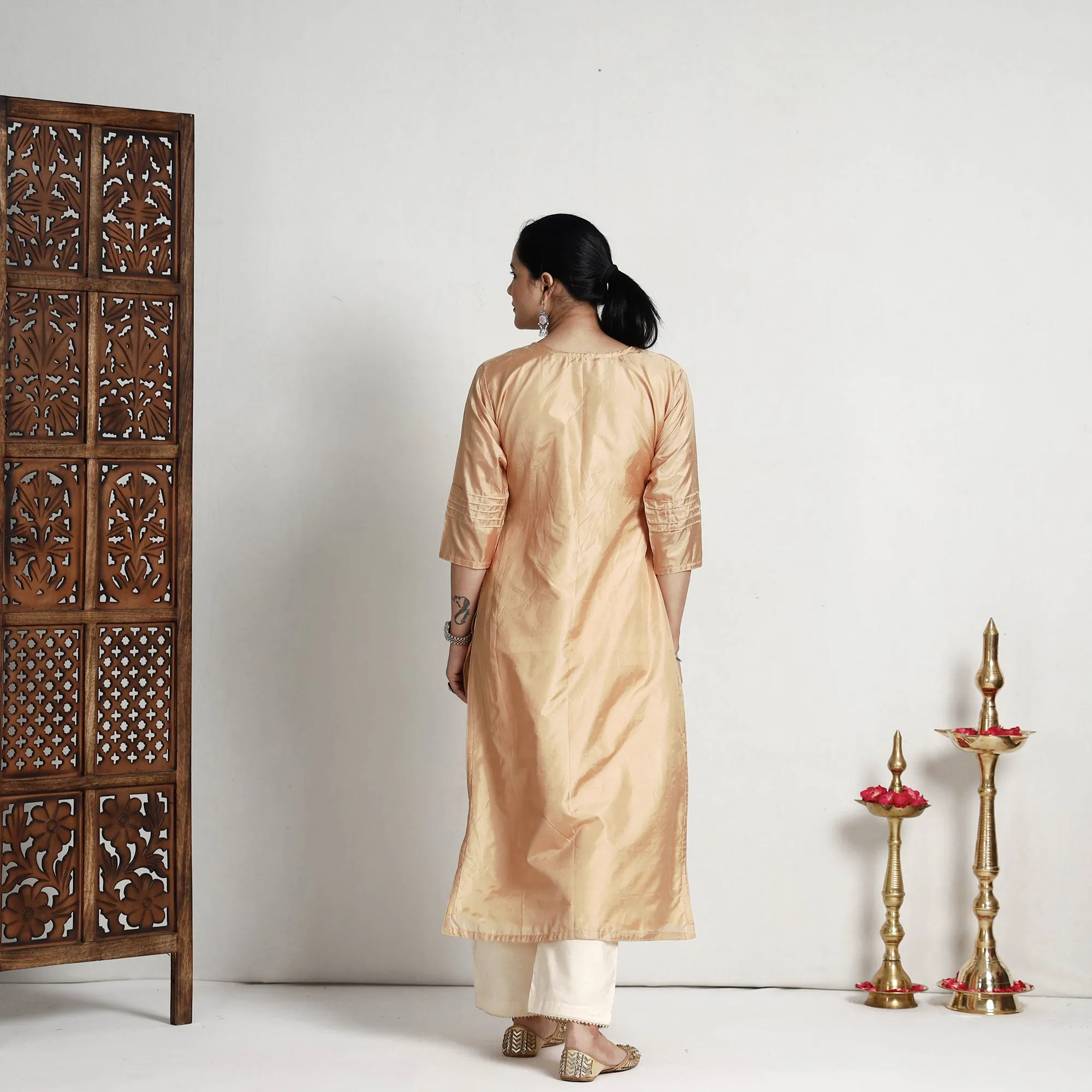 Ethnic Beige - Plain Pure Silk Straight Kurta