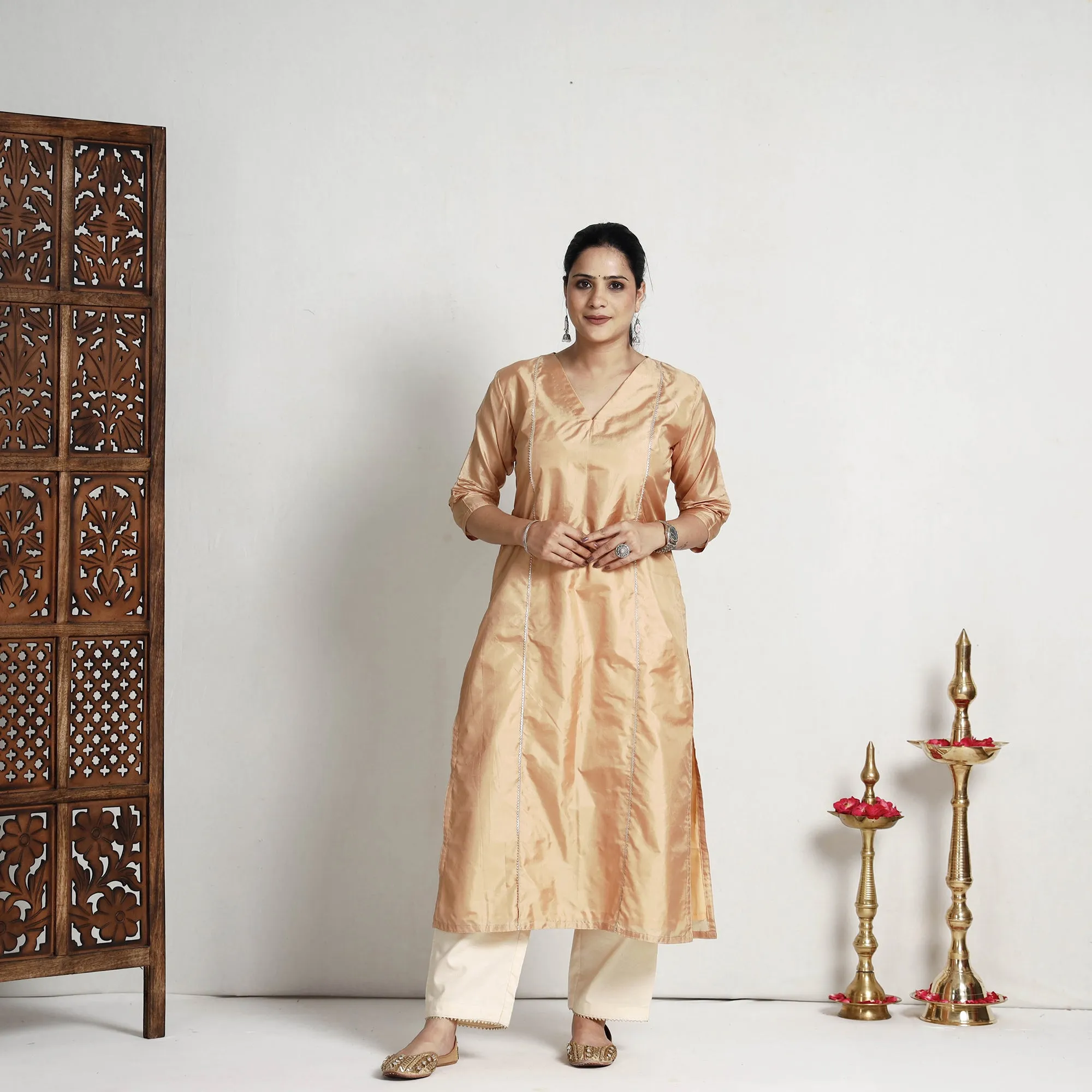 Ethnic Beige - Plain Pure Silk Straight Kurta