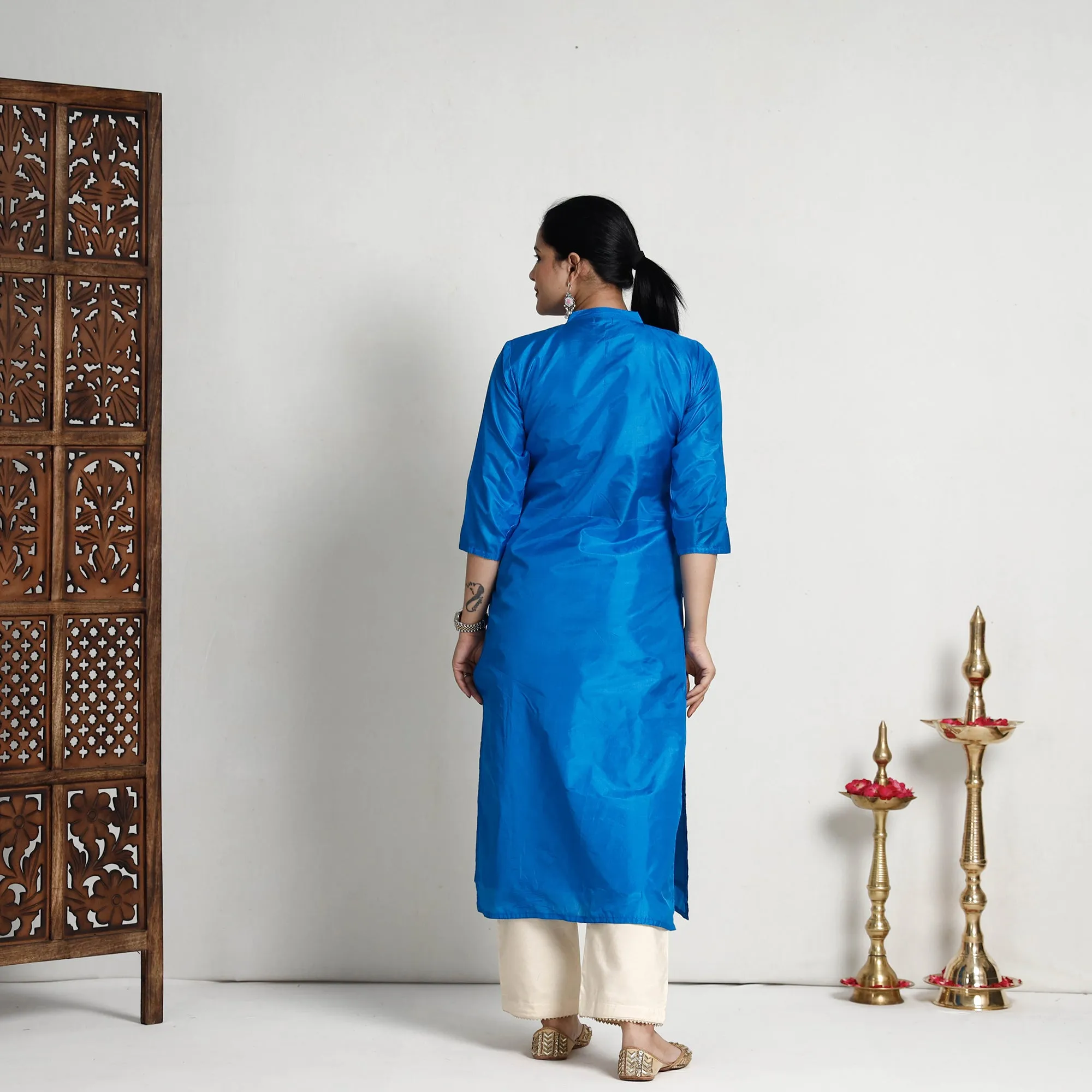 Ethnic Dark Blue - Plain Pure Silk Straight Kurta