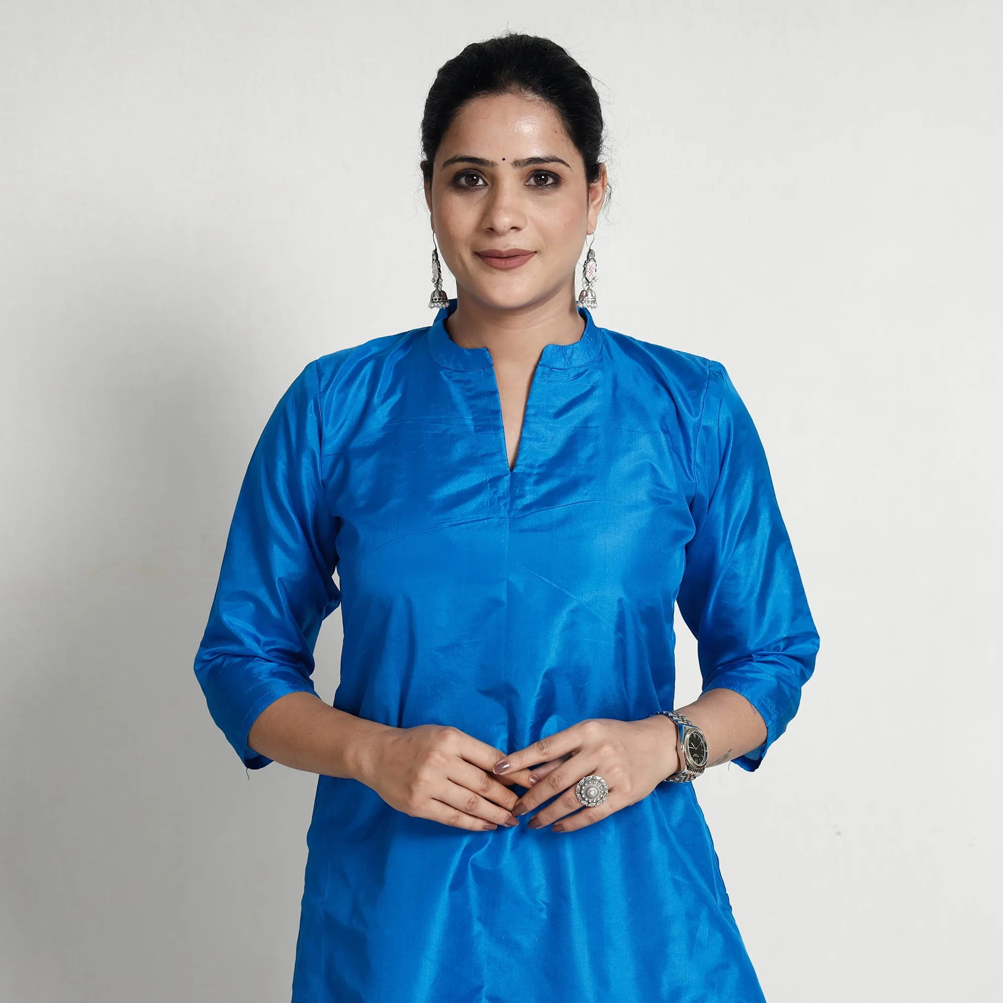 Ethnic Dark Blue - Plain Pure Silk Straight Kurta