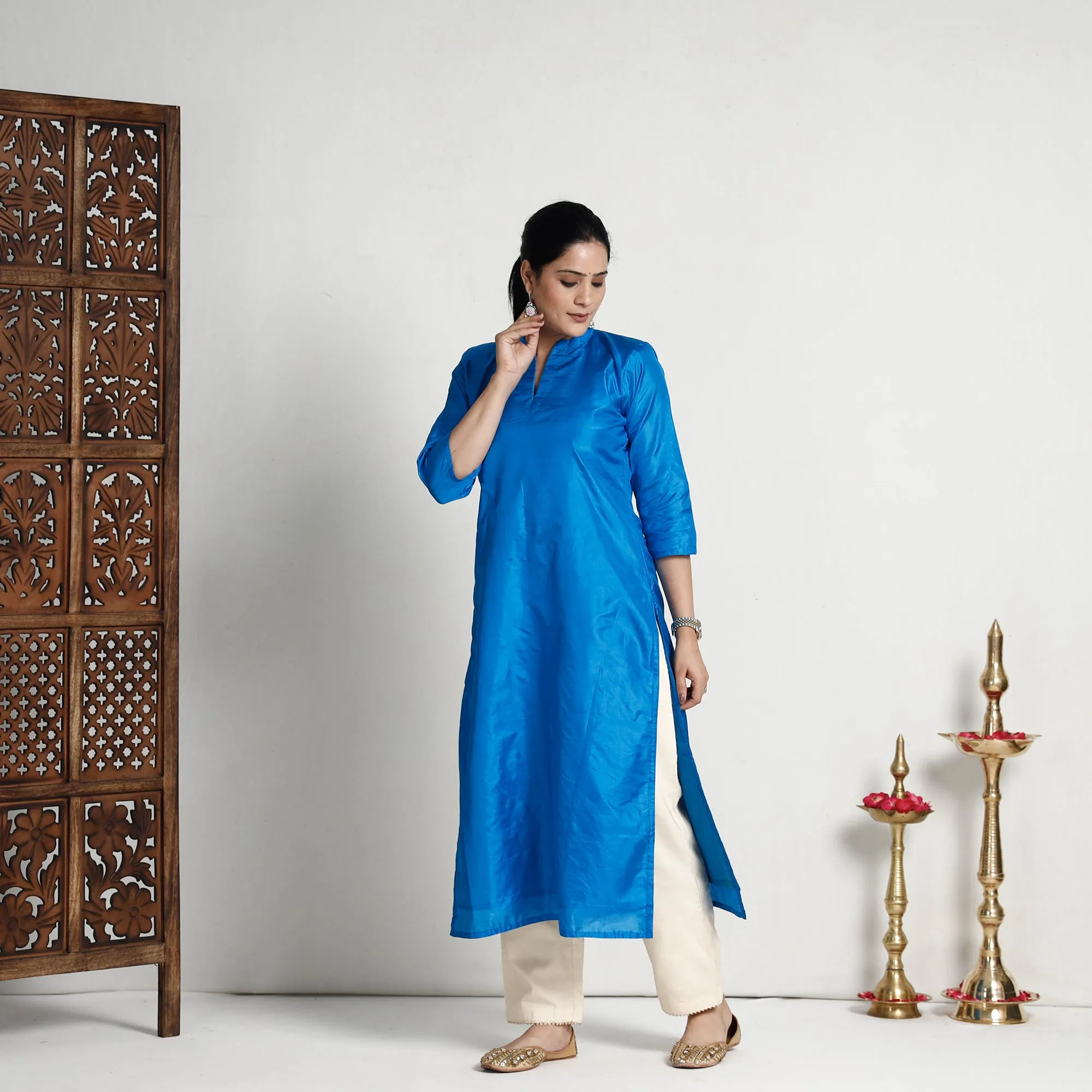 Ethnic Dark Blue - Plain Pure Silk Straight Kurta