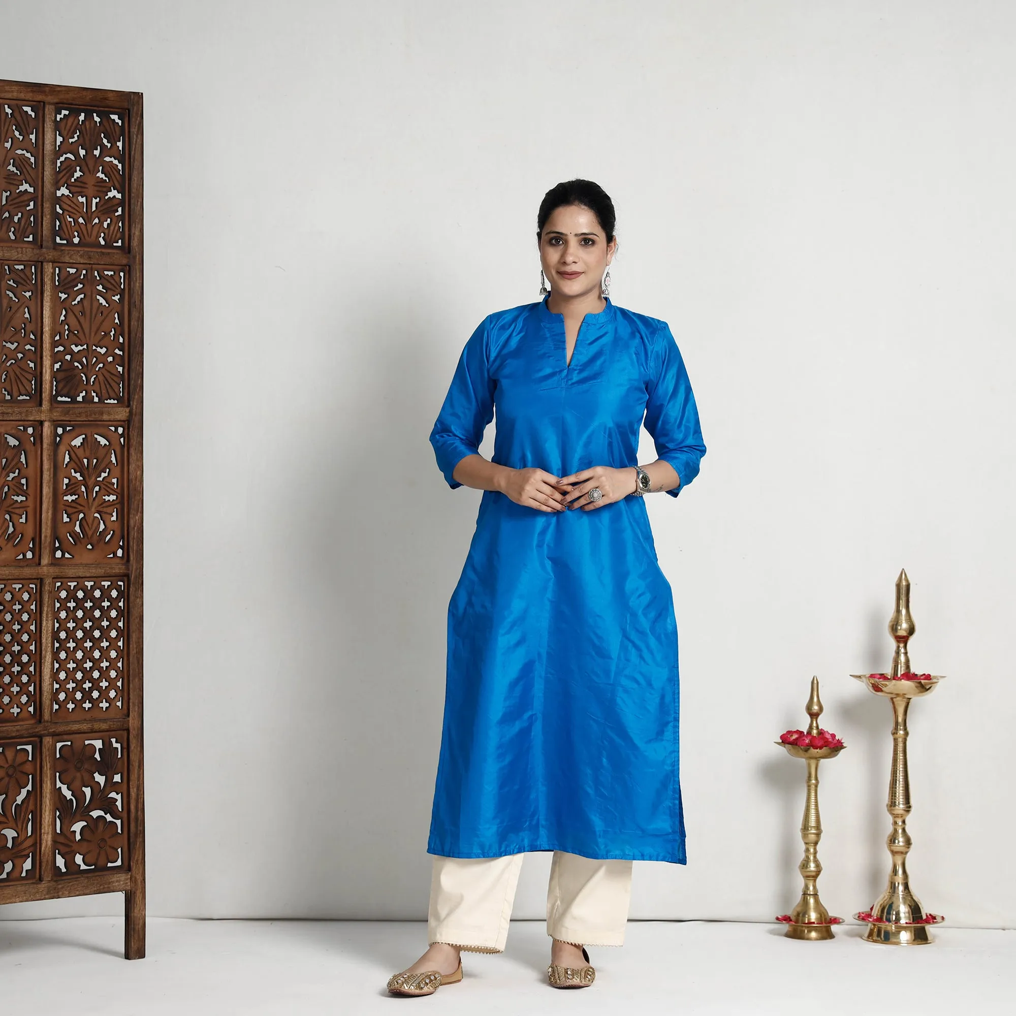 Ethnic Dark Blue - Plain Pure Silk Straight Kurta