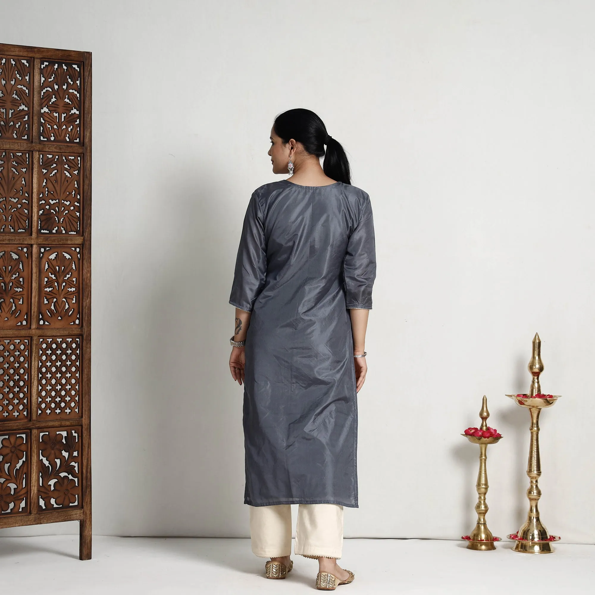 Ethnic Dark Grey - Plain Pure Silk Straight Kurta