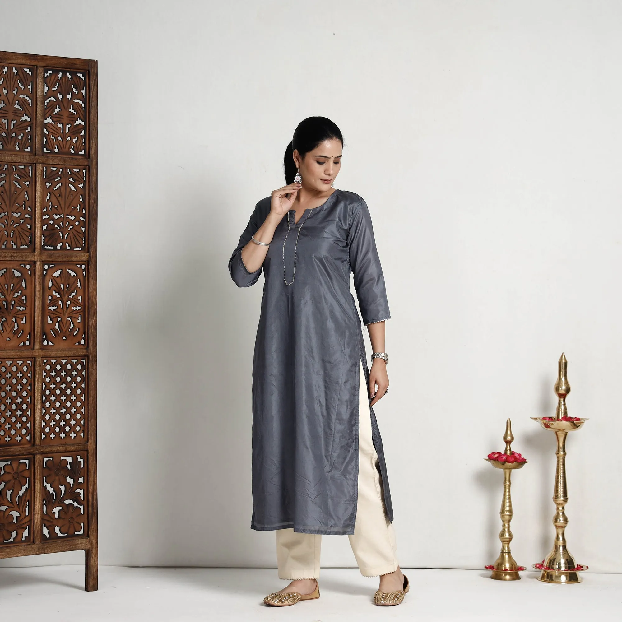 Ethnic Dark Grey - Plain Pure Silk Straight Kurta