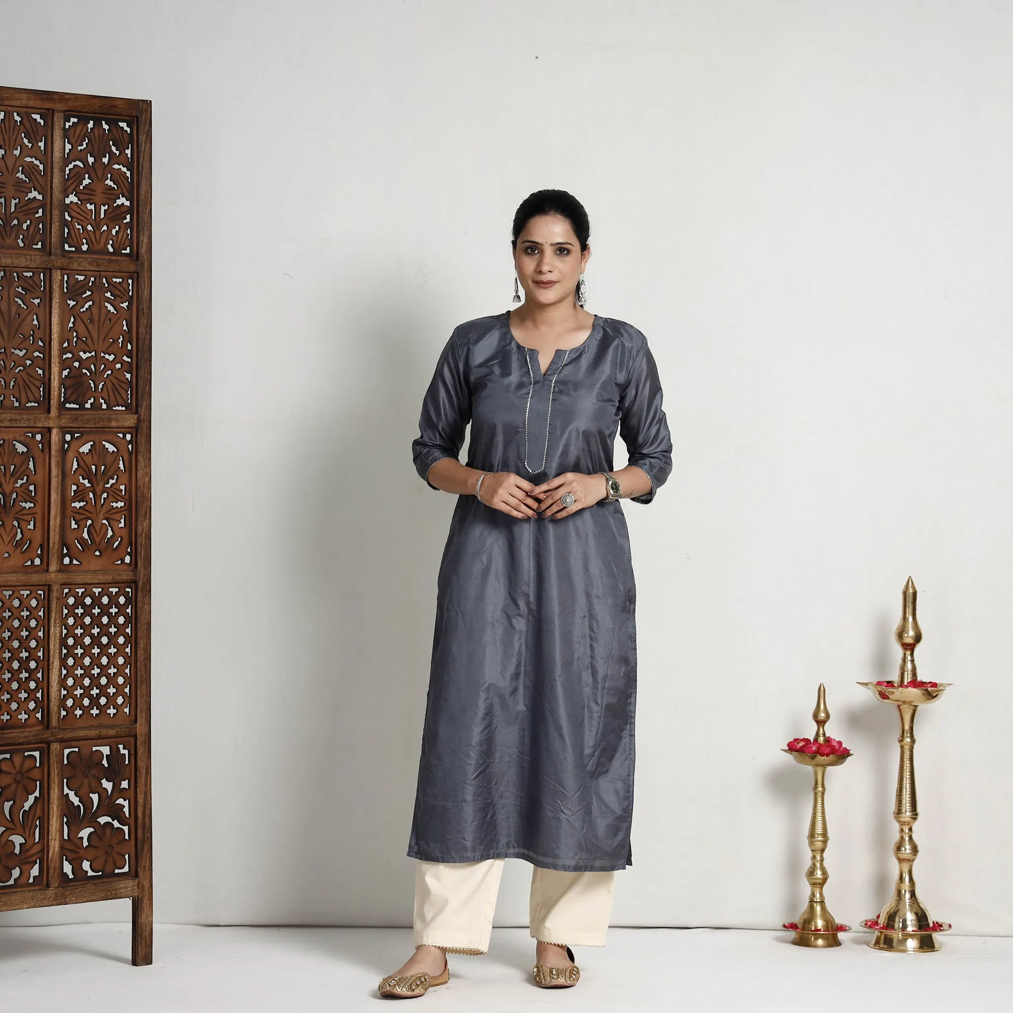 Ethnic Dark Grey - Plain Pure Silk Straight Kurta