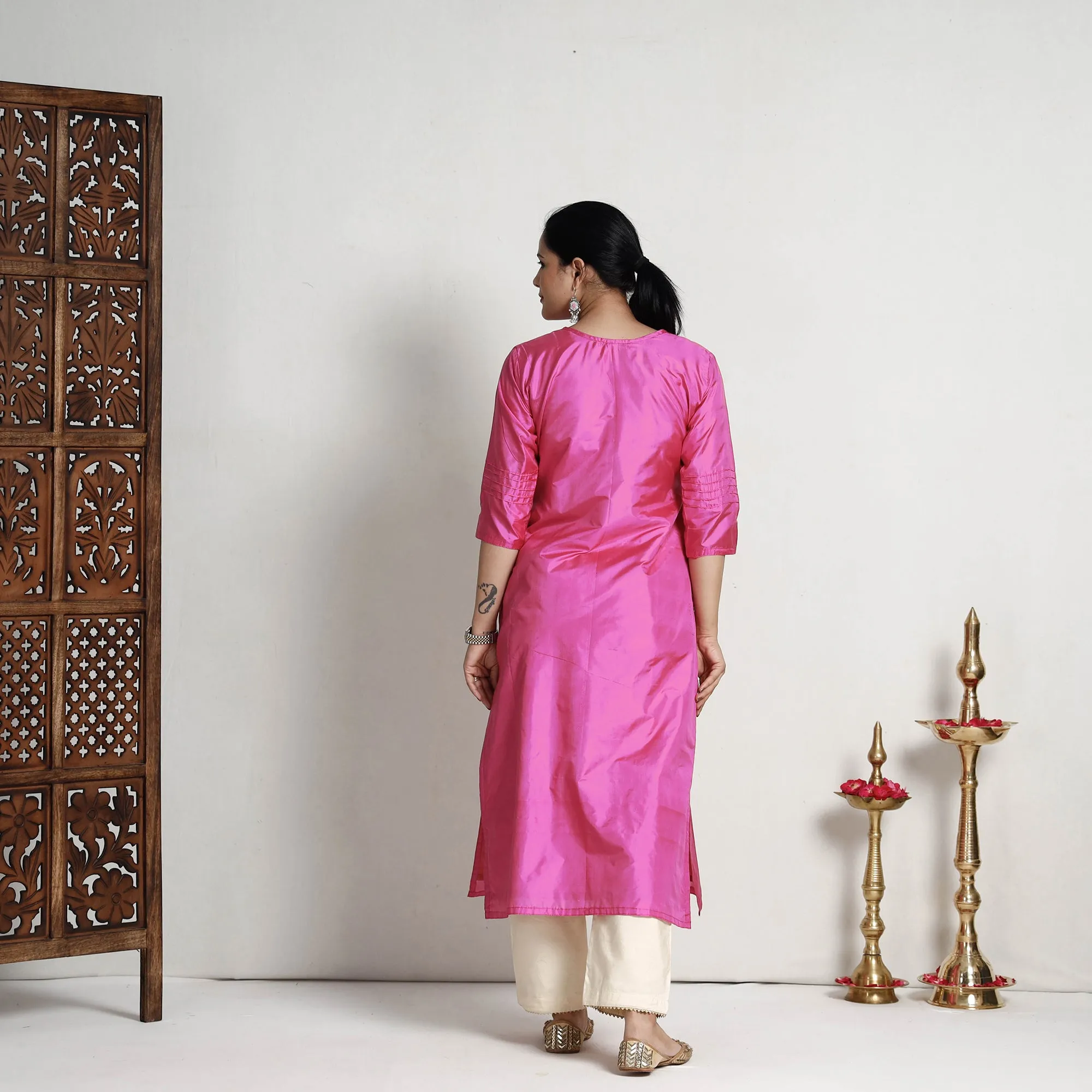 Ethnic Dark Pink - Plain Pure Silk Straight Kurta