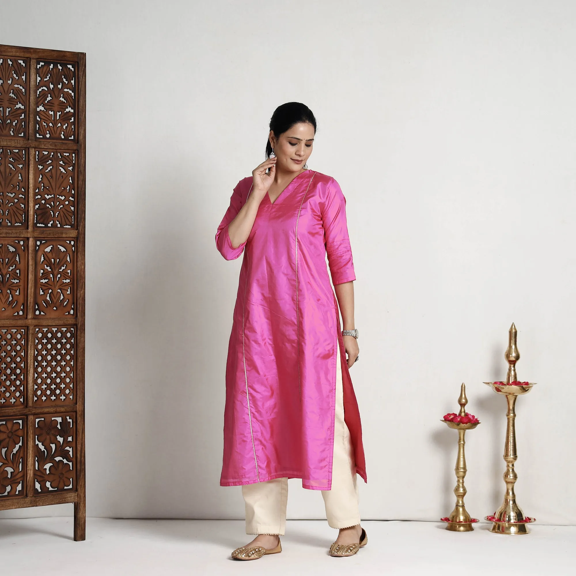 Ethnic Dark Pink - Plain Pure Silk Straight Kurta