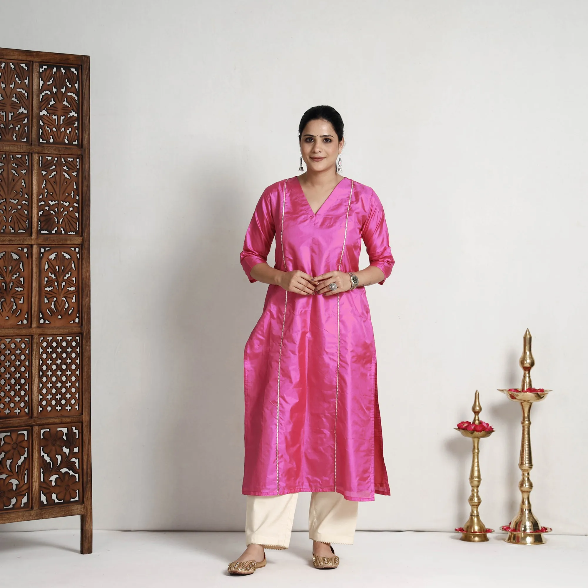 Ethnic Dark Pink - Plain Pure Silk Straight Kurta