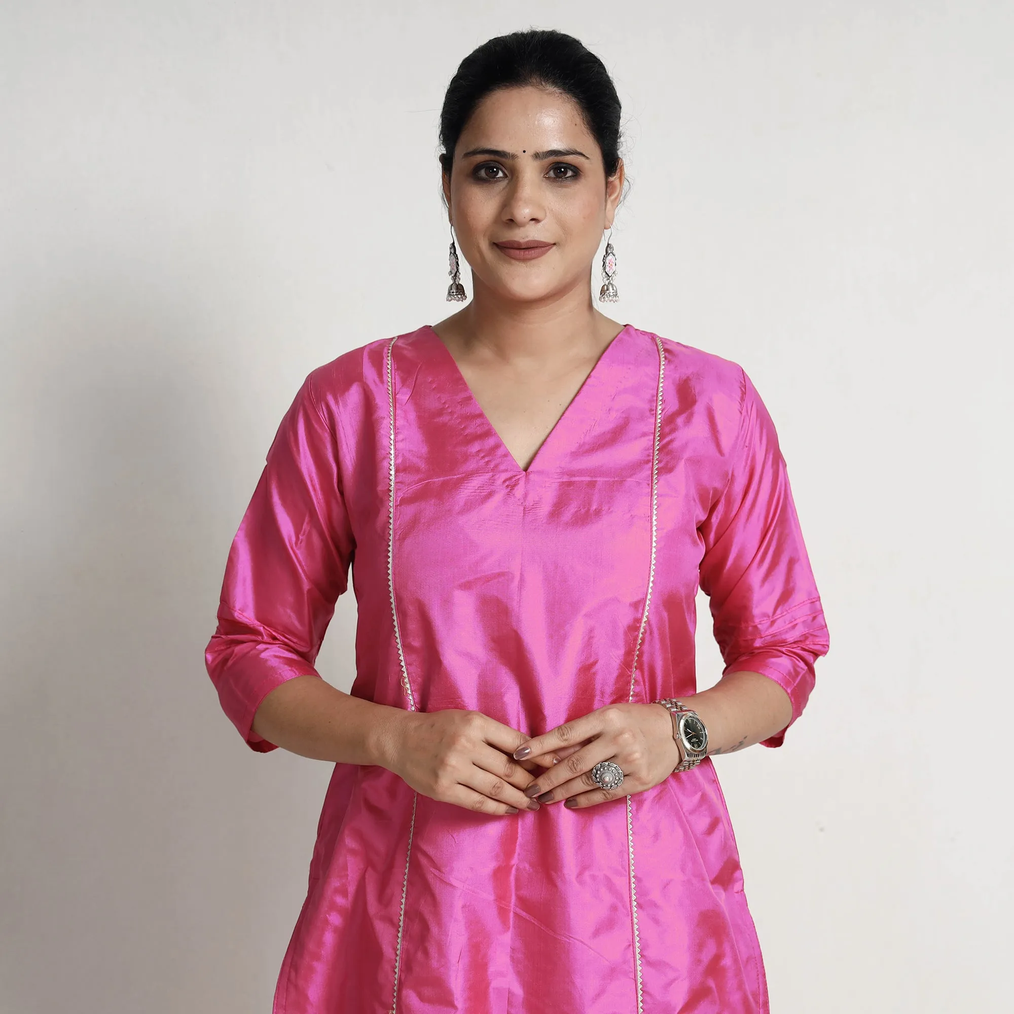 Ethnic Dark Pink - Plain Pure Silk Straight Kurta