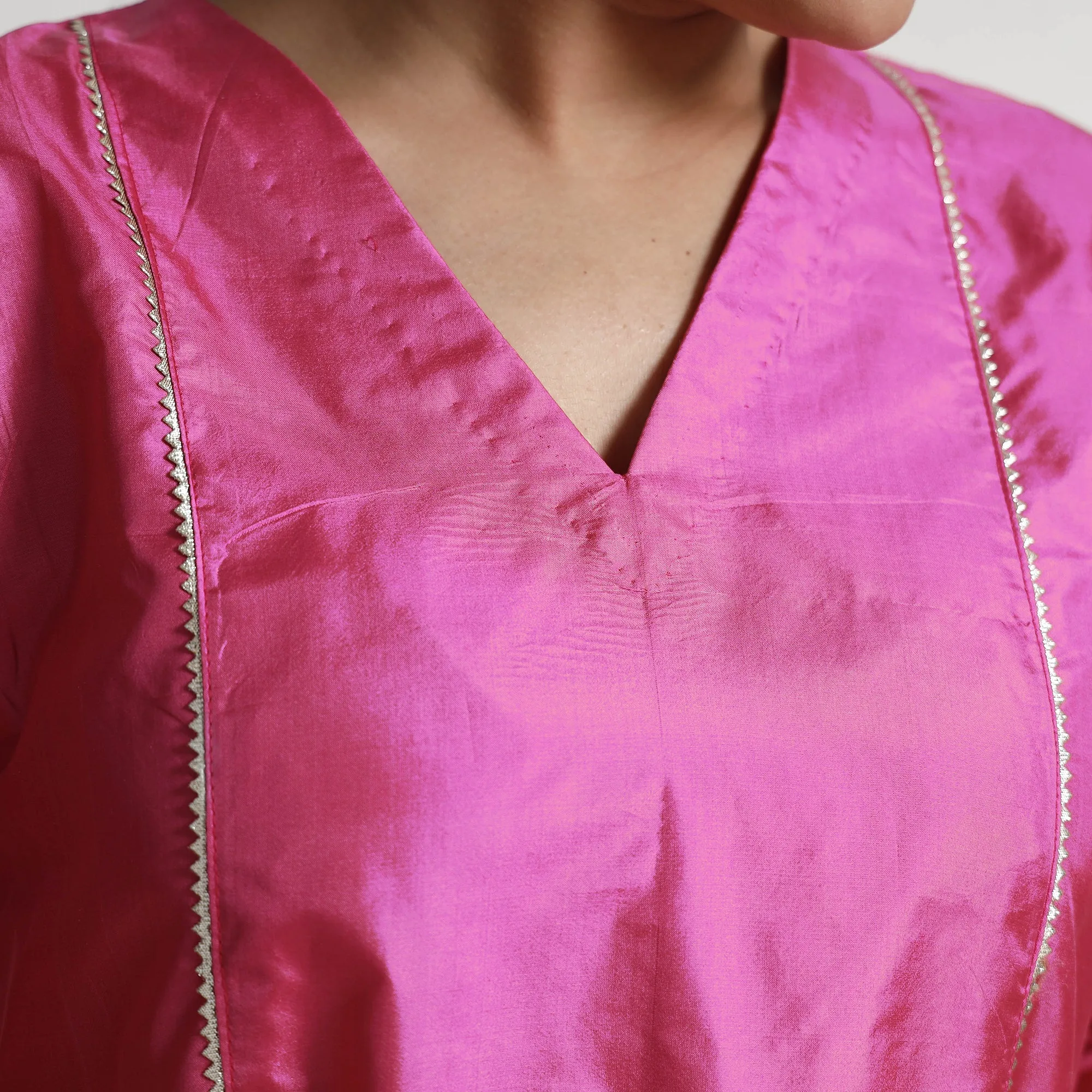 Ethnic Dark Pink - Plain Pure Silk Straight Kurta