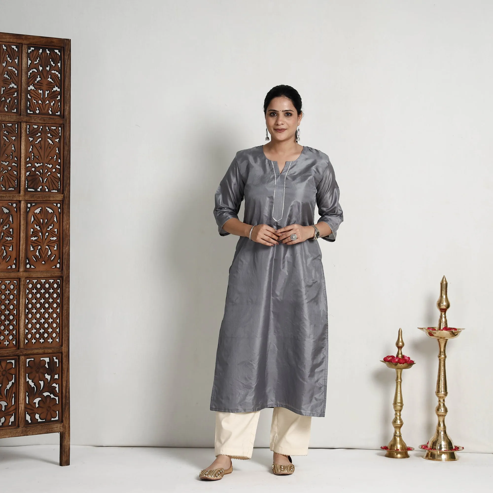 Ethnic Grey - Plain Pure Silk Straight Kurta