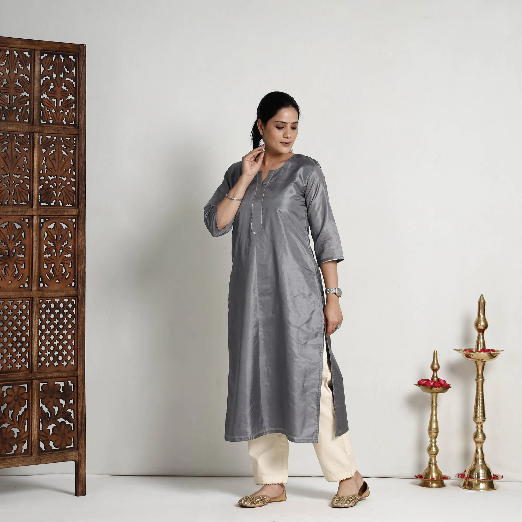 Ethnic Grey - Plain Pure Silk Straight Kurta