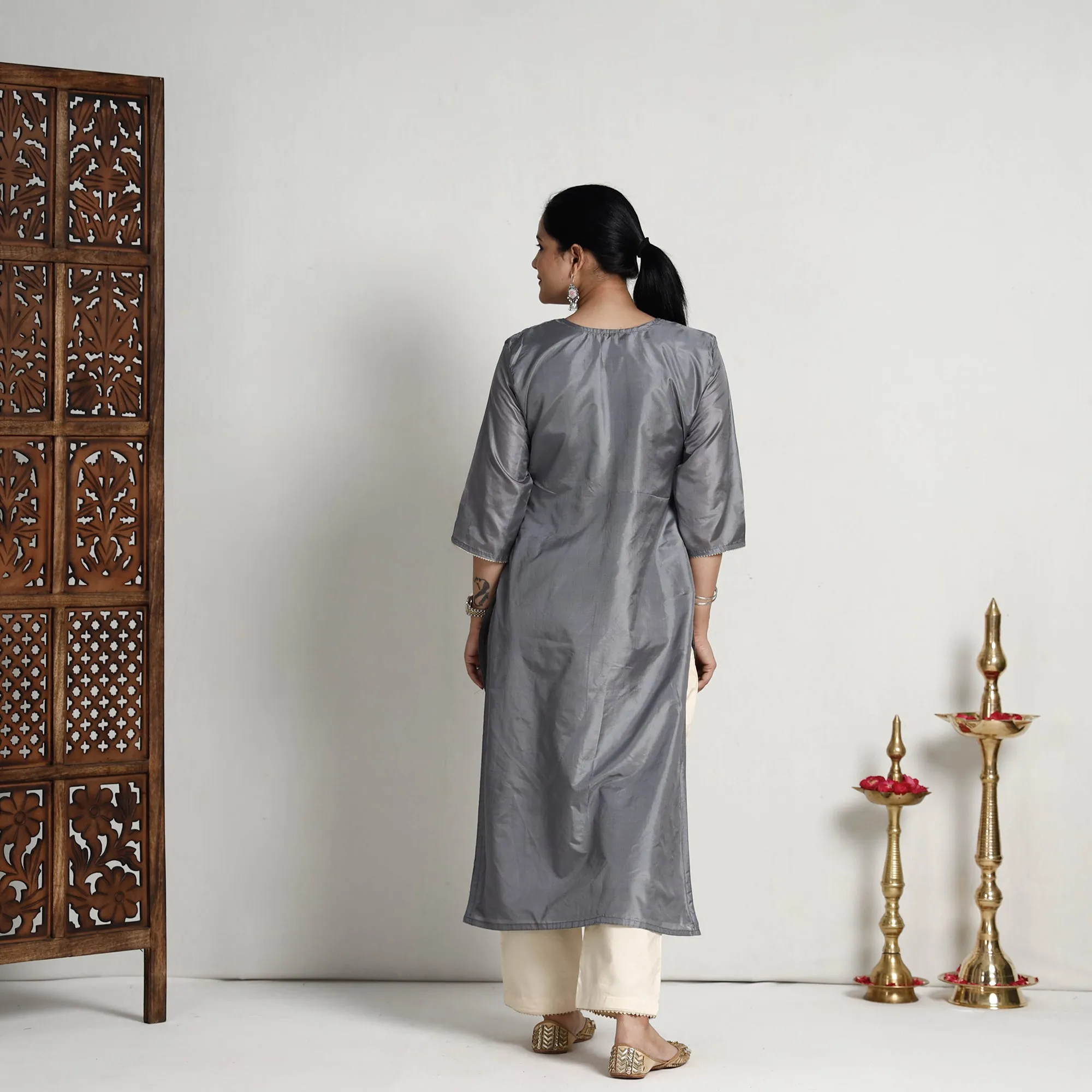 Ethnic Grey - Plain Pure Silk Straight Kurta