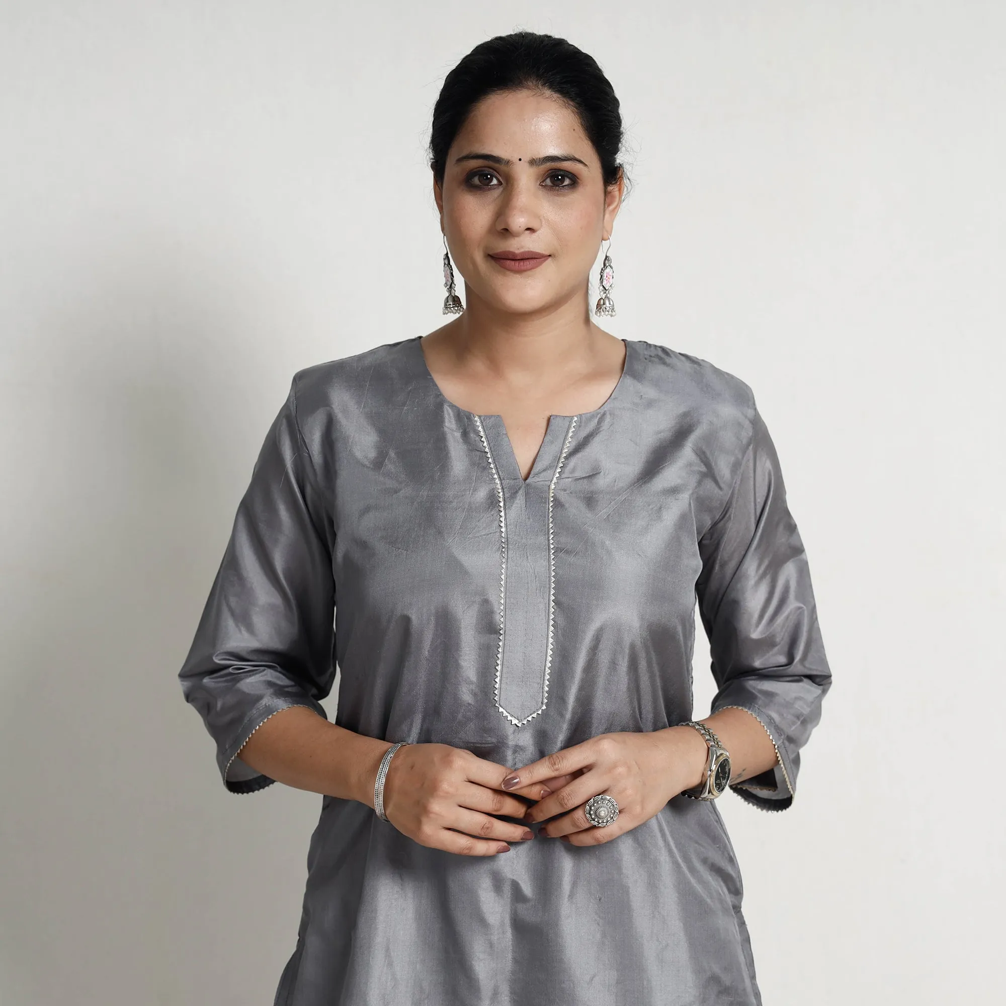 Ethnic Grey - Plain Pure Silk Straight Kurta