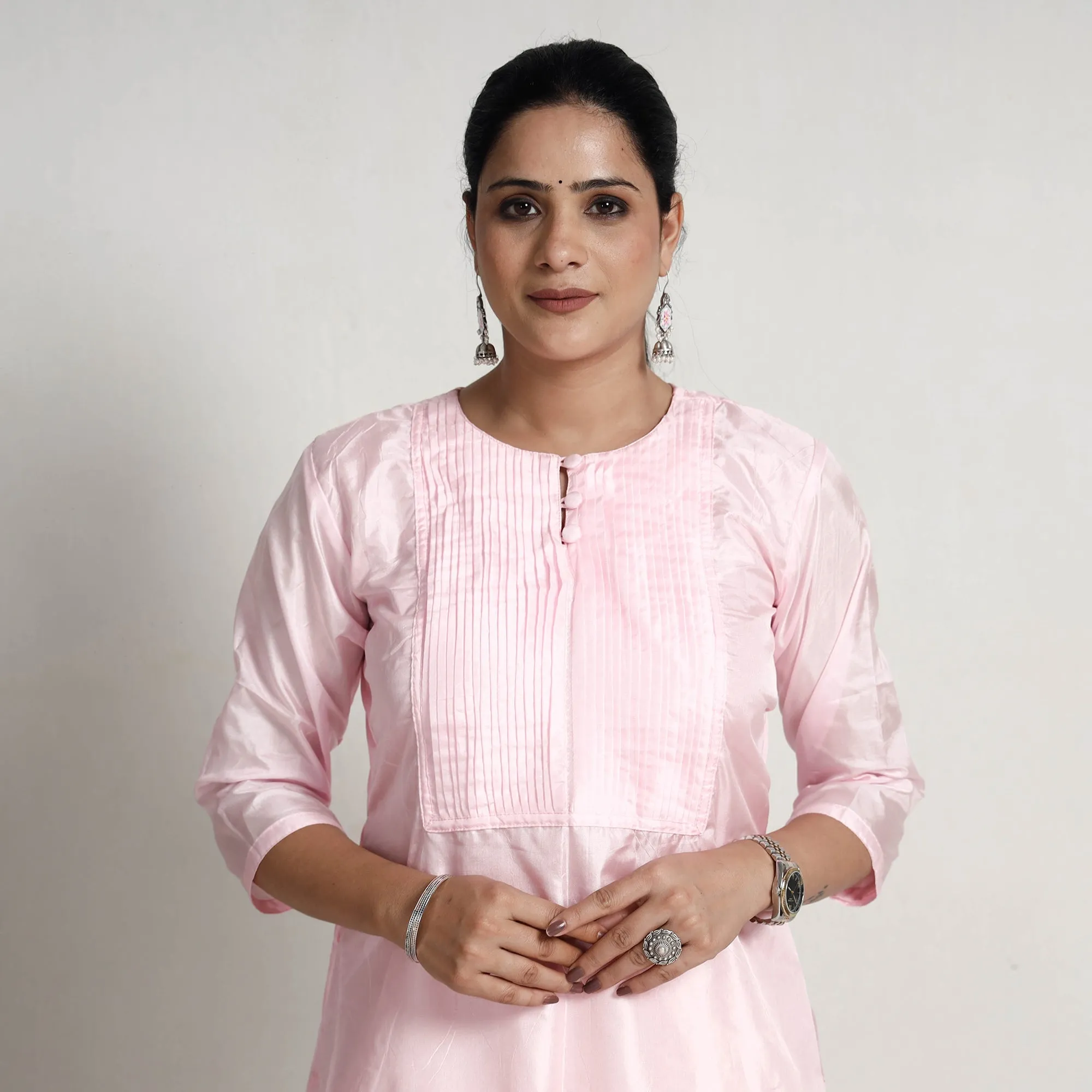 Ethnic Light Pink - Plain Pintuck Pure Silk Straight Kurta