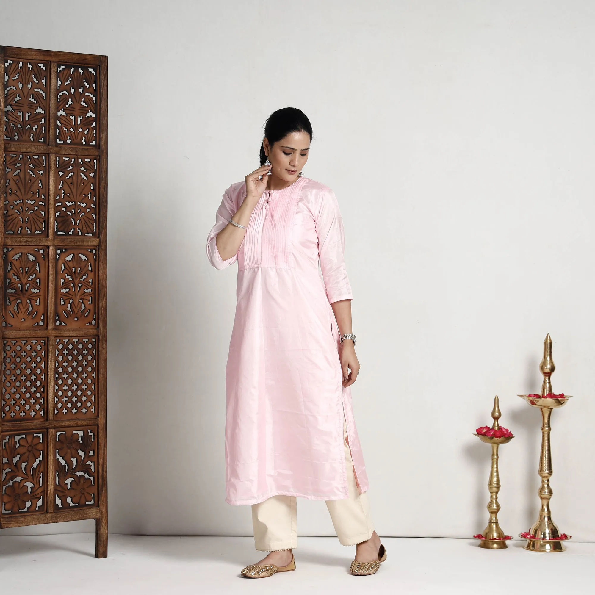 Ethnic Light Pink - Plain Pintuck Pure Silk Straight Kurta