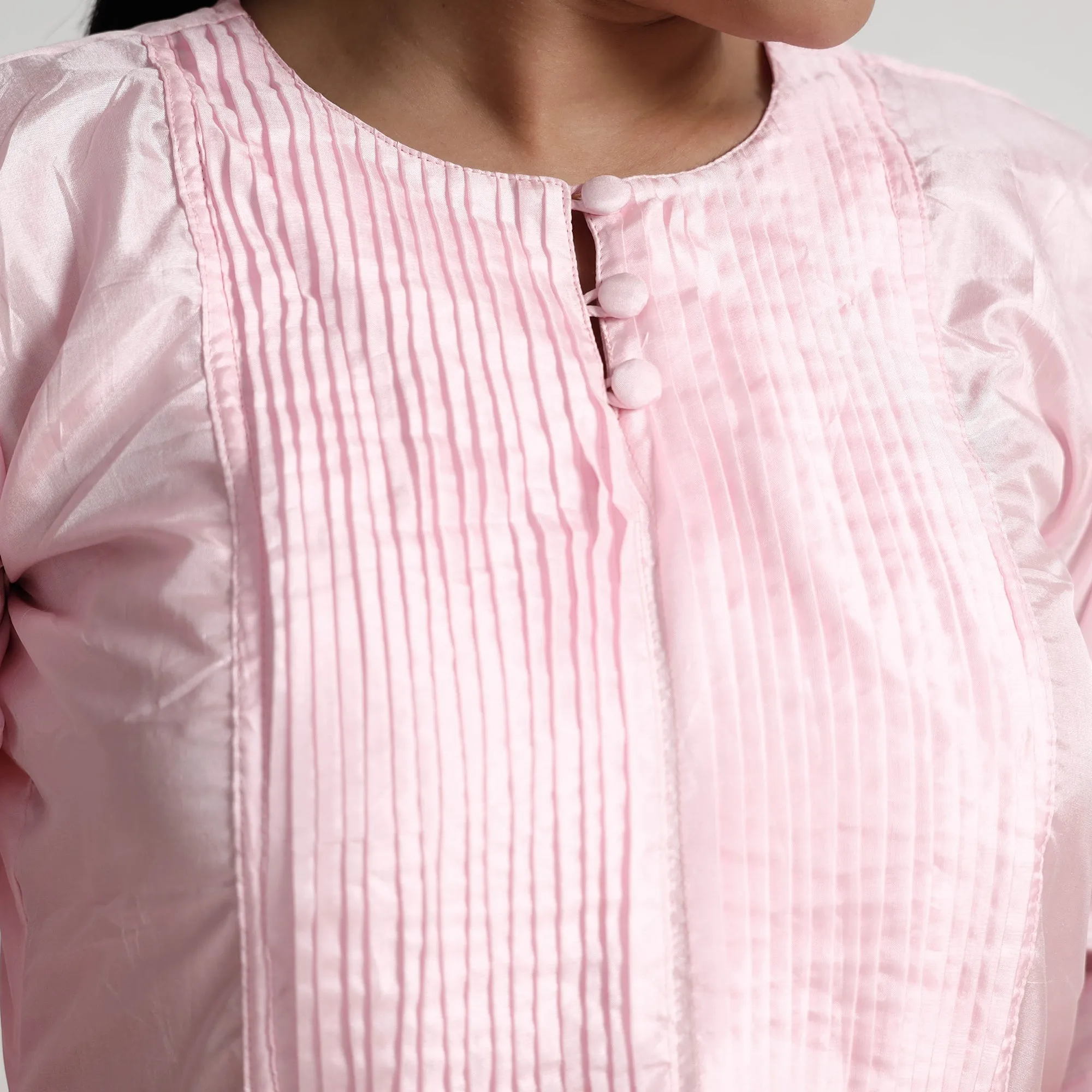 Ethnic Light Pink - Plain Pintuck Pure Silk Straight Kurta