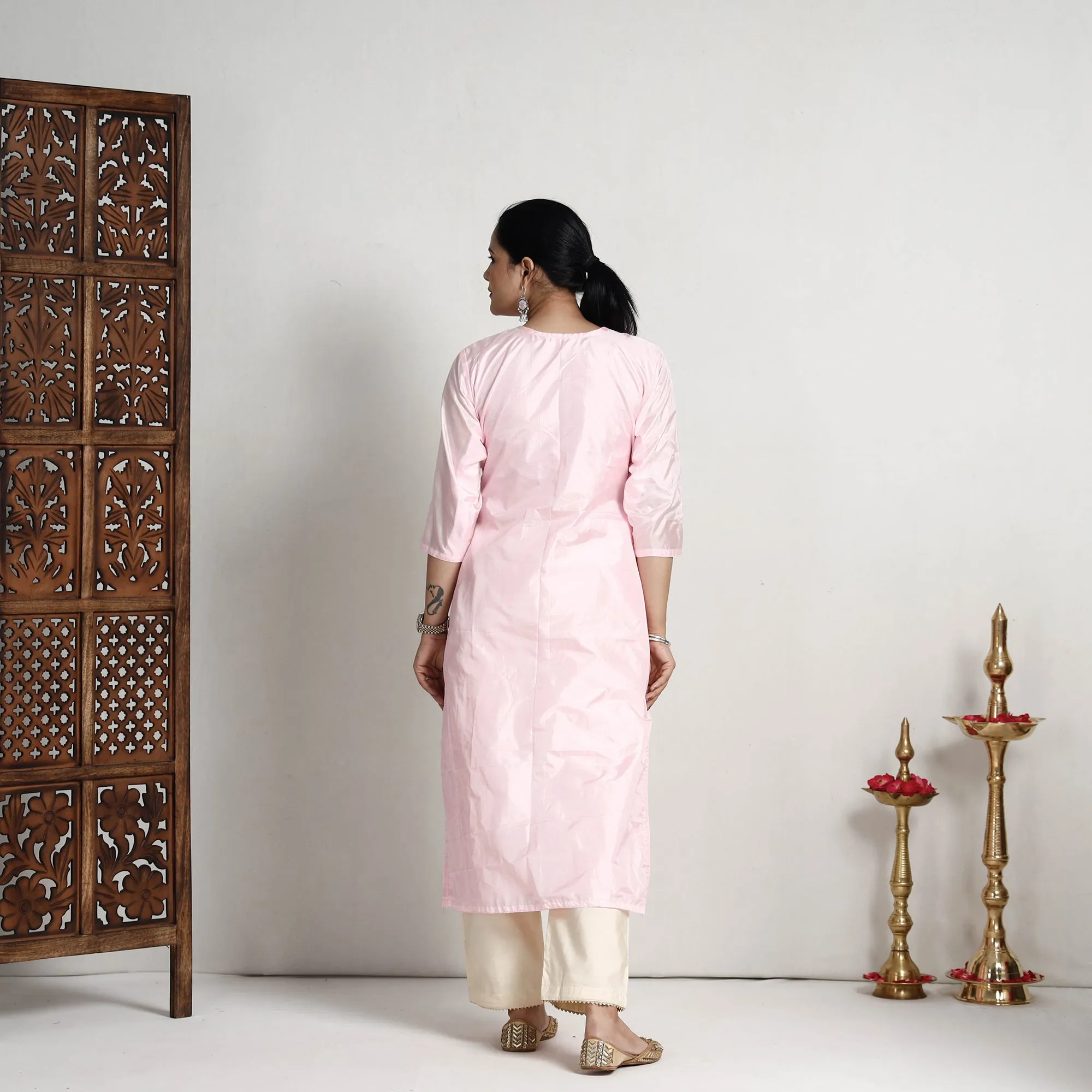 Ethnic Light Pink - Plain Pintuck Pure Silk Straight Kurta