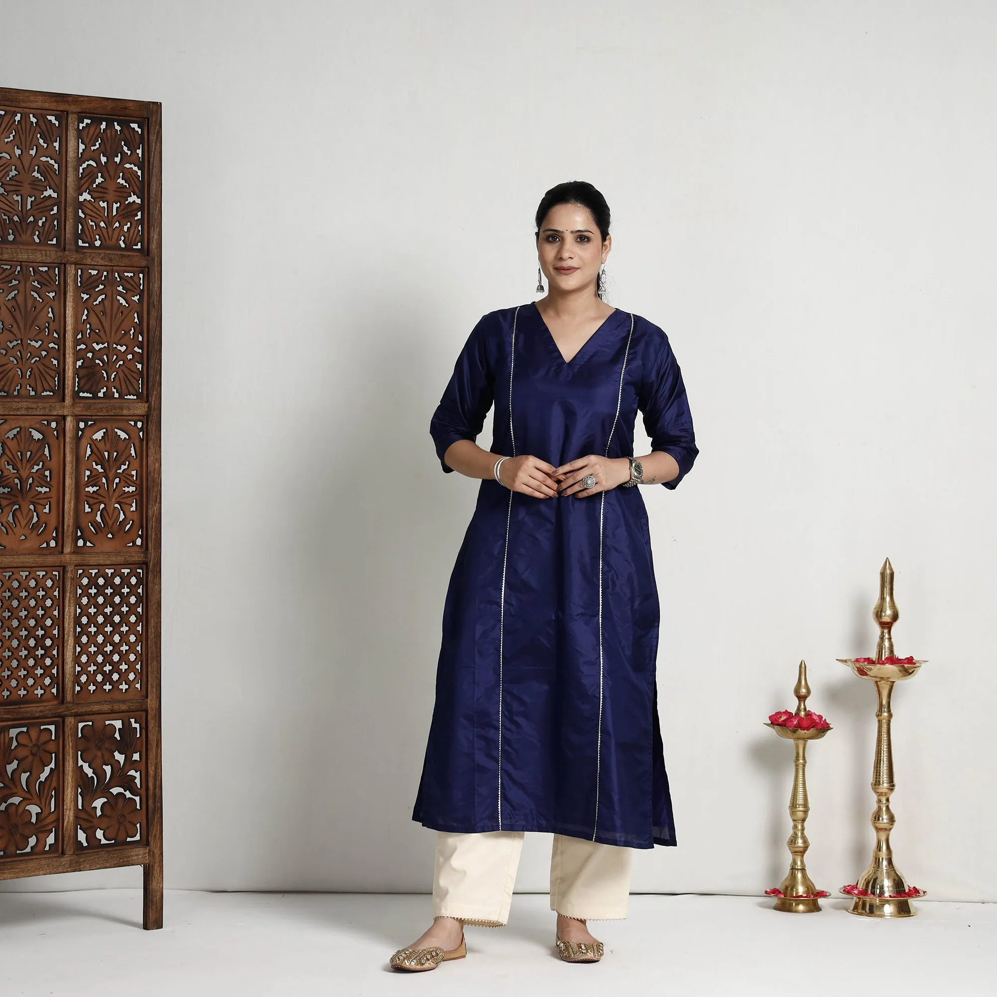 Ethnic Navy Blue - Plain Pure Silk Kurta