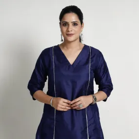 Ethnic Navy Blue - Plain Pure Silk Kurta