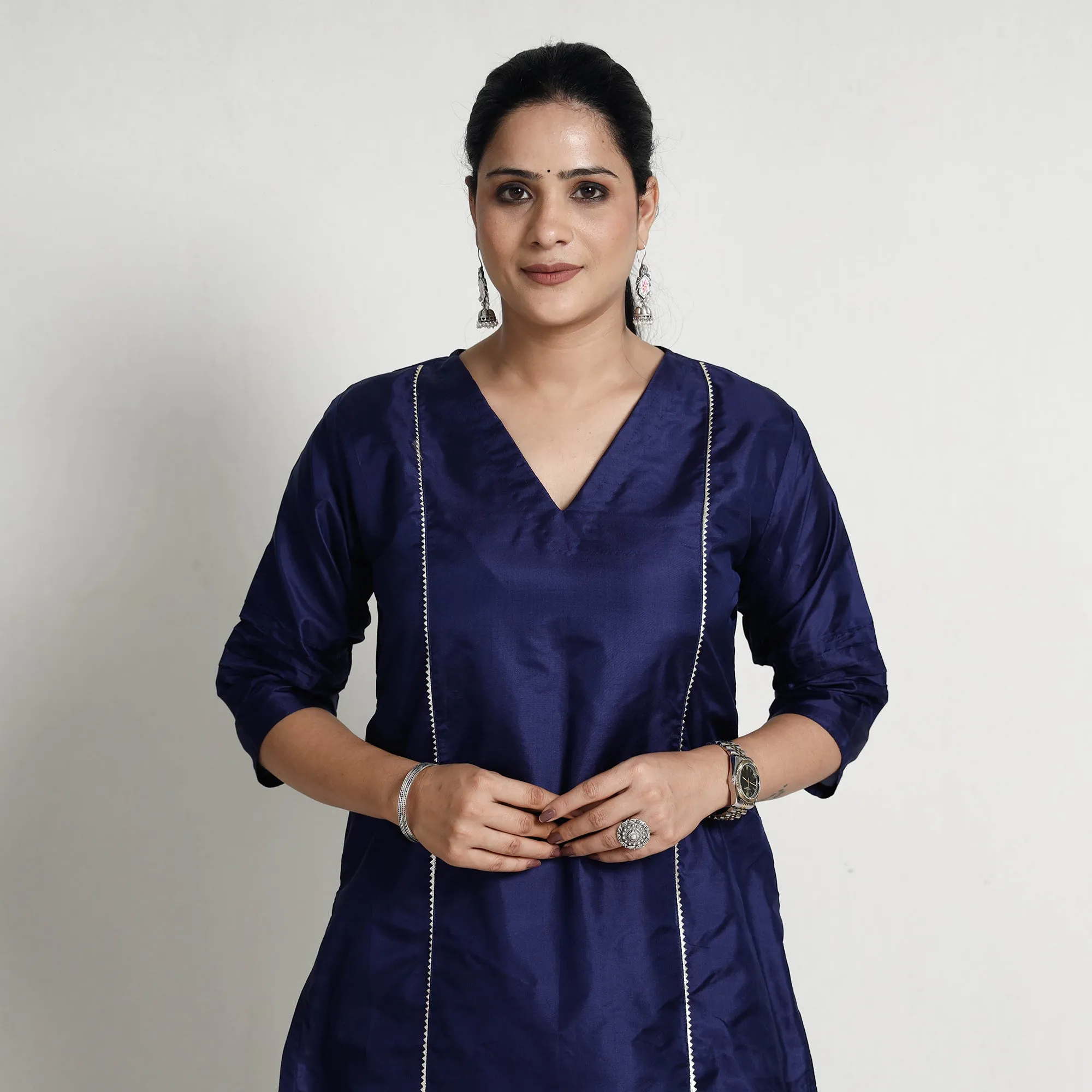 Ethnic Navy Blue - Plain Pure Silk Kurta