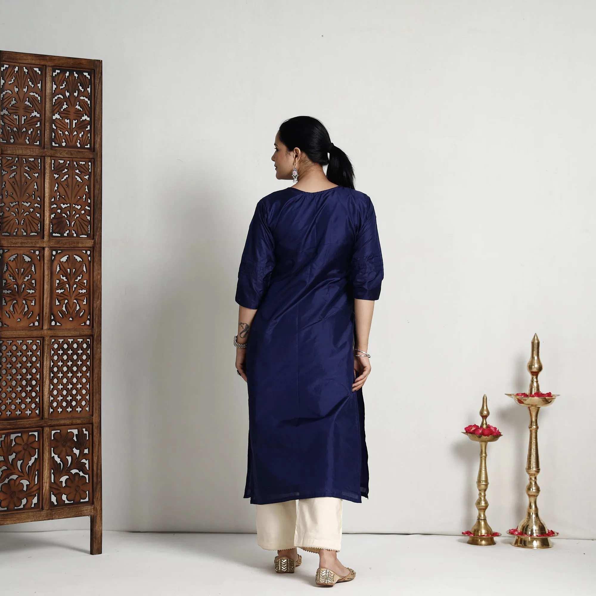 Ethnic Navy Blue - Plain Pure Silk Kurta